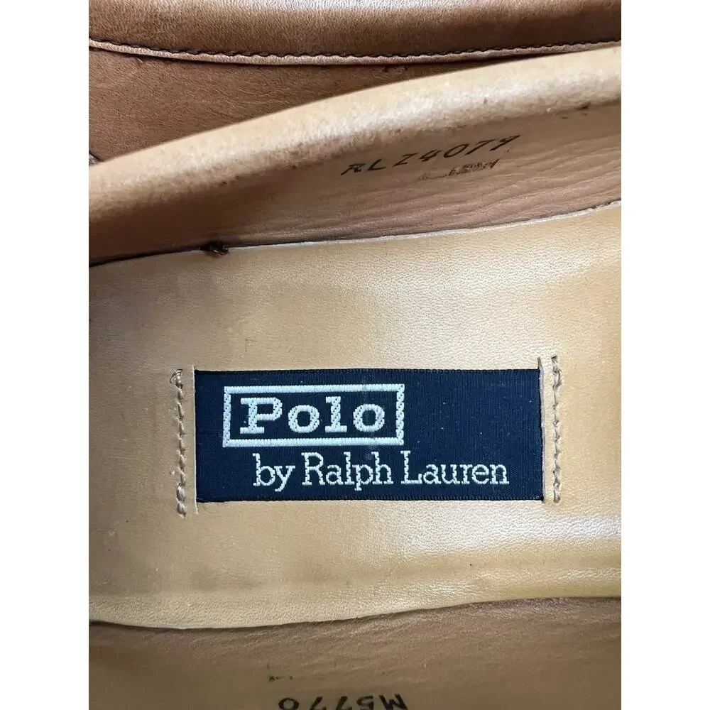 POLO RALPH LAUREN Men’s Vintage Camel Leather Embroidered Crest Loafers Sz 9.5D